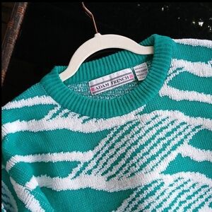 VTG Adam French 80s Sweater M Vintage Teal Green White Waves Stripes Pattern